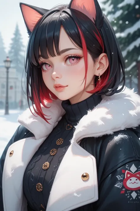 A girl with pink eyes and long black hair with red highlights snd cat ears in a black winter dress 