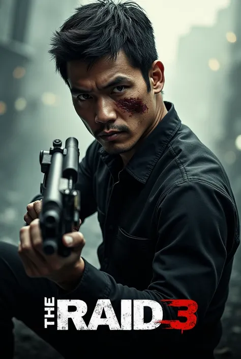 Create a poster for the movie "The Raid 3"
The poster has a main color tone of gray, black and white, creating a sense of action, tension and danger. The poster layout focuses on the image of the main character holding a rifle in the foreground, creating t...