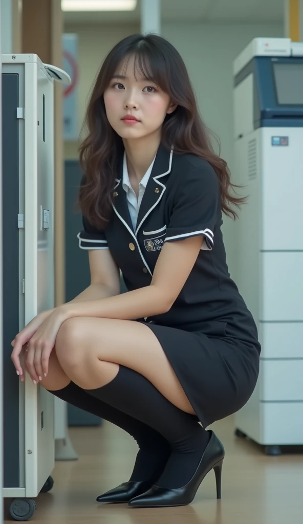 （   photorealistic   ：1.2）、      beautiful mom in her 20s model 39     ;    thick legs、    Female bank employee in uniform         、28-year-old beauty 、  business uniforms  、     There are many female employees crouching in front of a photocopier in an off...