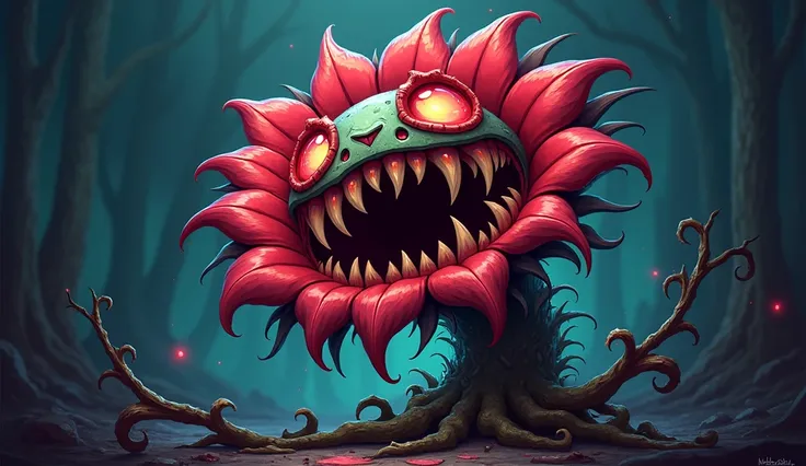 A monstrous plant with glowing red eyes and sharp, menacing teeth-like structures in its flower, set against a dark background." Cartoon 
