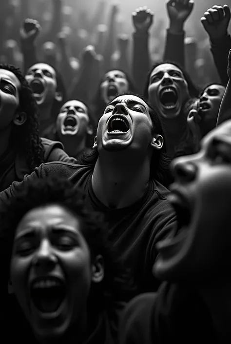 a large crowd of people screaming and yelling, close-up view, dark and moody lighting, dramatic shadows, intense emotion, black and white color palette, high contrast, cinematic, dramatic, powerful, surreal, (best quality,4k,8k,highres,masterpiece:1.2),ult...