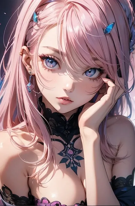  cool women、 sexy、Beauty.  ((Poke out your lips)).Kissing Face、((Pink hair)). ((  small breasts)).Beauty、     yandere、      beautiful face、      more、         face close-up       、         chest tattoo     、Blue lace、((whole body)).((   random poses   )).