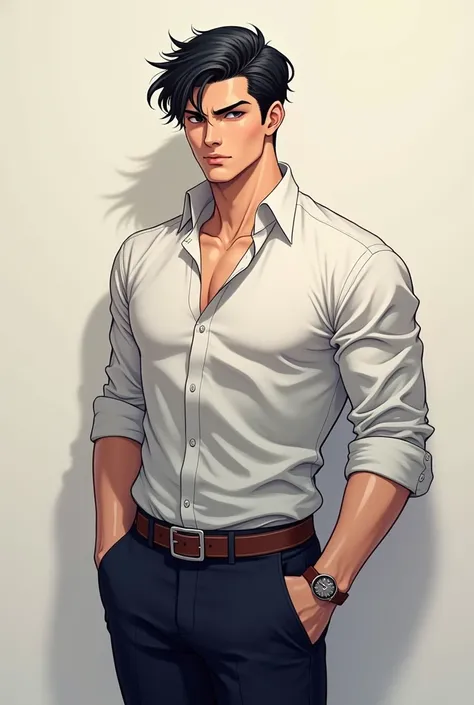  Handsome guy with black short hair. Great body type and serious face. height 175 cm. Dressed in simple clothes .  anime style