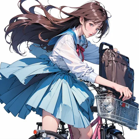 (masterpiece,  top quality:1.2), reality、 bicycle with a guitar on her back, Alone、 high school girl、uniform、From the side、Blank Background、White background、 Watercolor Style 、