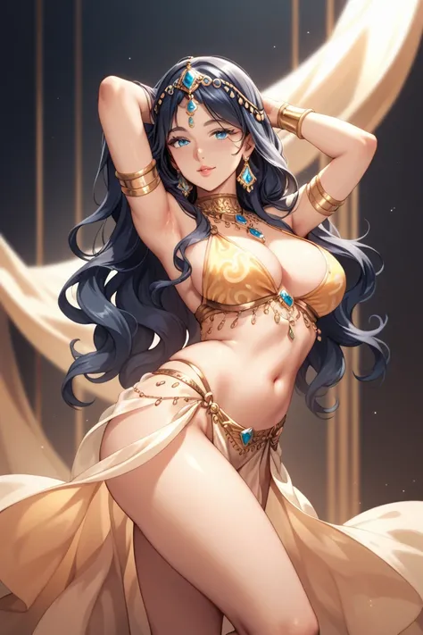  Belly Dance Outfit　Golden costume　 is wide open at the chest　 adult woman　The skin is pale black　Arabian Nights　 blue eyes　 Big Tight Breasts 　 long hair　 perfect body 　Gentle look　 glossy skin　front　 standing　 dancing　 Luxurious Accessories 