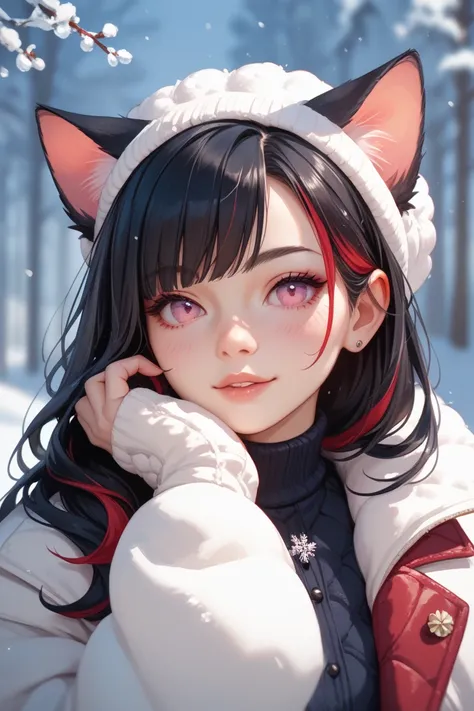 A girl with pink eyes and long black hair with red highlights snd cat ears in a winter dress 