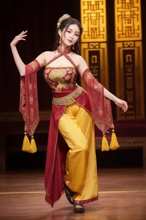 The woman is wearing a maroon red and yellow ancient dance costume, including a full-length halter top blouse, and chiffon trousers on the bottom. She is an oriental beauty with a very Chinese style. The costume is very Song Dynasty style. She has her back...