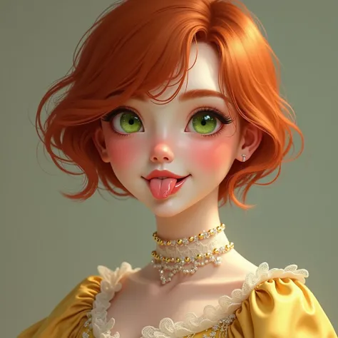 18 year old girl short red hair,  tongue ,  bright green eyes , Golden dress Victorian era,  snow-white skin 