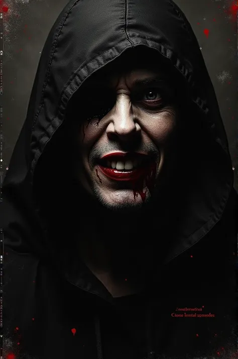  Book cover of a murderer that has no title the cover that the background is black traces of blood on the cover that you can see a dark smile that also comes out two eyes, But one with a patch and bleeding and in the lower right corner in a small one that ...