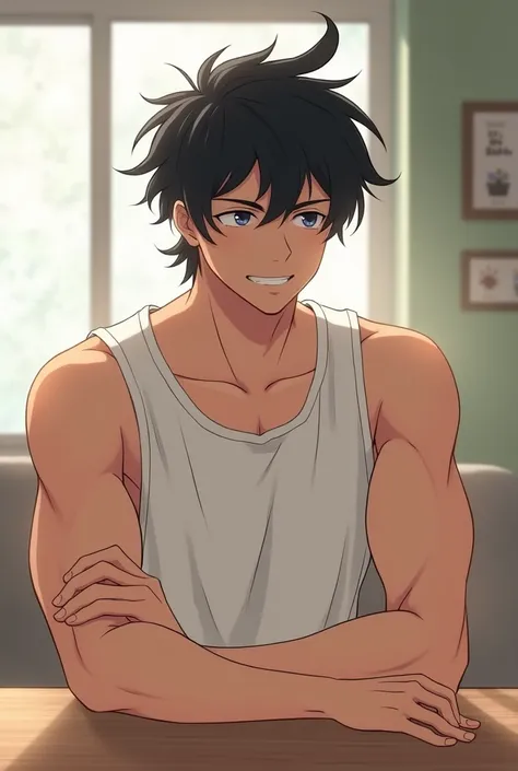 20-year-old boy with anime muscles with semi-long black hair with black eyes sleeveless t-shirt and long neck smiling sitting at a table
