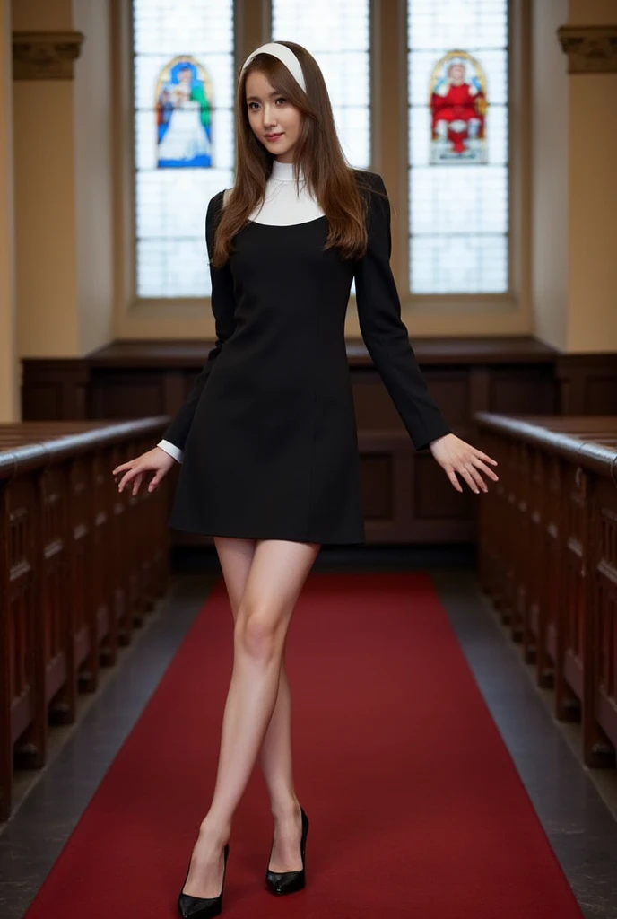 (RAW photo, best quality), (realistic, photo-Realistic:1.1), best quality, masterpiece, beautiful and aesthetic, 16K, (HDR:1.2), ((nude)),((naked)), 1girl, sexy nun outfit, brown long hair, big breasts, nipples, (thin), full body, long legs, girl,standing ...