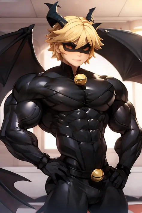  huge muscles,Devilish Wings, devilish horns,Sexy boy ,black costume, boy