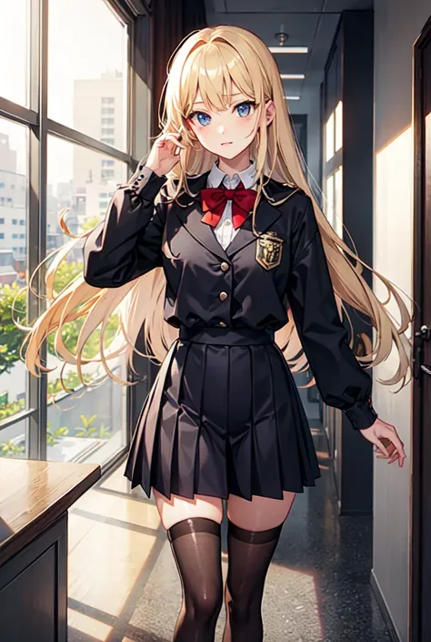 beautiful anime girl, ojos azules,  long blonde hair ,  black school uniform, Stockings Negras ,  standing in a school landscape, arrogant.