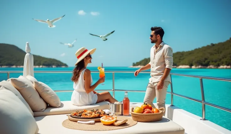  A couple on a yacht Private person anchored in the crystal clear waters of a tropical sea ,  surrounded by lush islands . the woman,  wearing a sophisticated straw hat and a light white dress ,  relaxes on a sun lounger with a cocktail decorated with a pi...