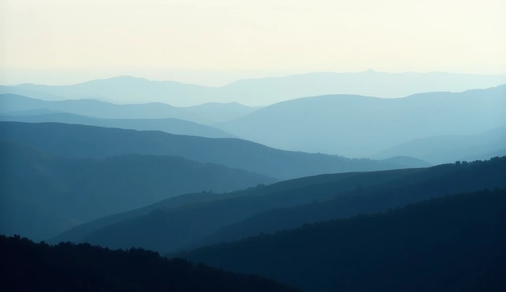 The image displays a serene landscape characterized by multiple layers of rolling hills or mountains, fading into the distance under a soft, hazy sky. The overlapping contours create a sense of depth, with each successive ridge becoming lighter in color, t...