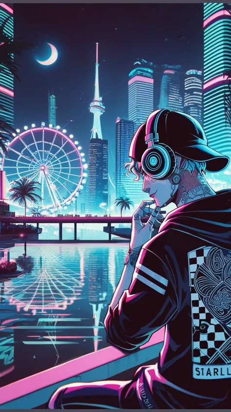 anime style, cool and edgy, thicker outlines, painterly elements, fine details, soft edges, A serene and lively night scene of a futuristic city**, neon lights illuminating tall buildings, palm trees, and a Ferris wheel, person with headphones gazing at th...