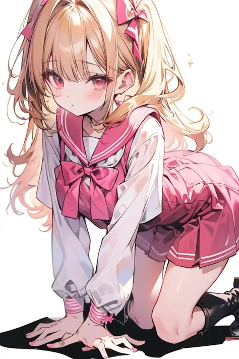 Curly blonde hair, brown eyes, pink sailor uniform, stocking, boots, kneeling, large breasts