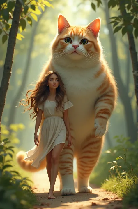 A woman walks along with a cute giant cat