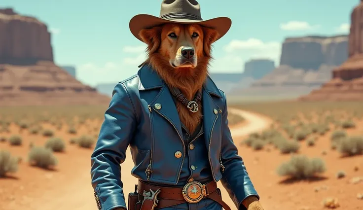 anthropomorphic golden retriever wearing a bounty hunter cowboy outfit, blue leather outfit, cowboy hat on his head, he stands ready to draw his colt attached to his belt, wide shot, dynamic image, dynamic pose. style: 1970s italian cinema, italian western...