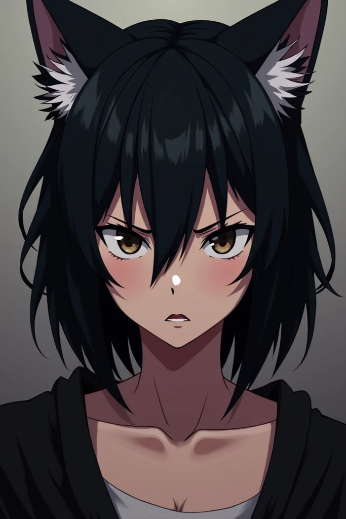 Black haired woman with wolf  cut She looked with disgust in her eyes anime style