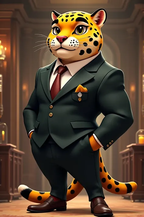 An animated jaguar in a suit 