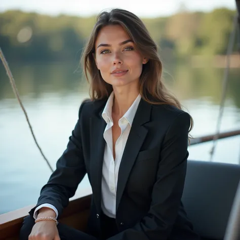 Fille jolie de trente ans européenne, photo naturel sans effet, elle est en tailleur dans un bateau
