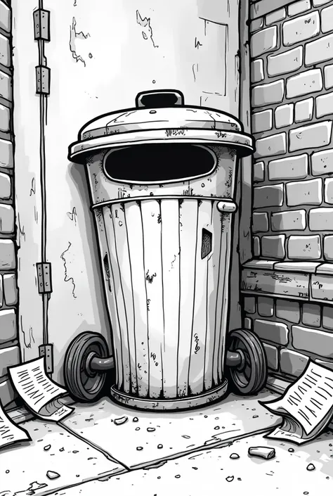 Create a black and white comic style trash can