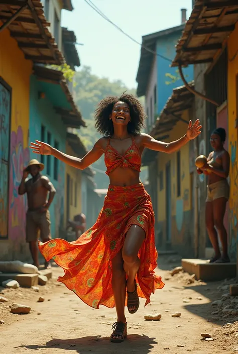  ren dancing in a slum in Rio de Janeiro Brazil in the background . Close-up singer with Maracas doing her show  