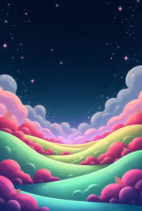 A fake landscape on a starry sky with pastel colors (green, pink, blue, purple and yellow).