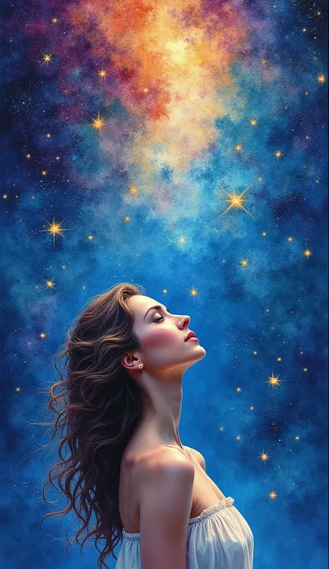 An alcohol ink drawing of a tri colored sky full of stars. Below a beautiful woman making eye contact basks in the beauty of the universe