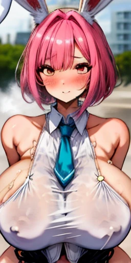 paizuri cumshot,Anime girl with pink hair and rabbit ears with pink tie， heart eyes，shy blush ， huge breasts ,  big boobs，huge-breasted， big boobs