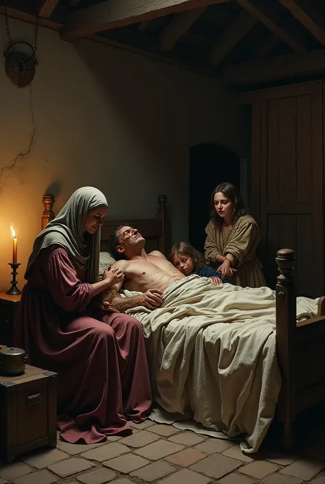 Medieval Plague sick person die in bed with wife and 2 ren, 13 century fashion and bedroom