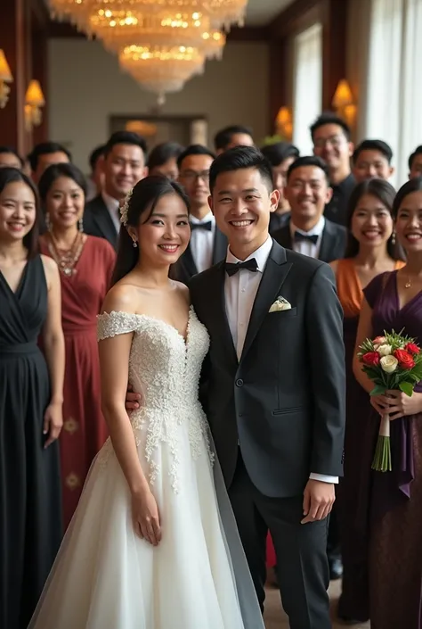 Wedding photo
White is Thai mixed with modernity. There are guests. 
