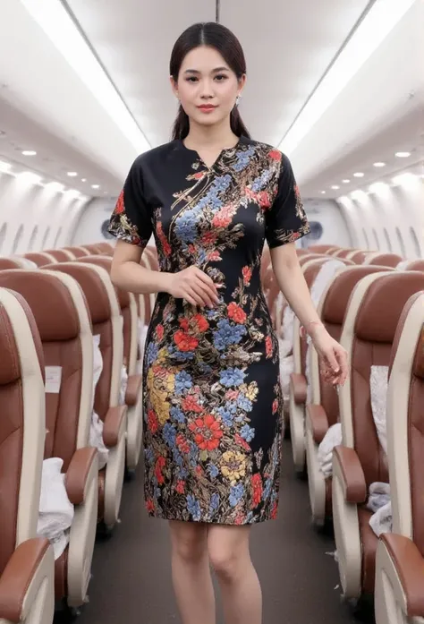 an beautiful Indonesian woman, tied hair in bun, wearing flight attendant uniform, in the plane cabin, realistic photography. look at the viewer,