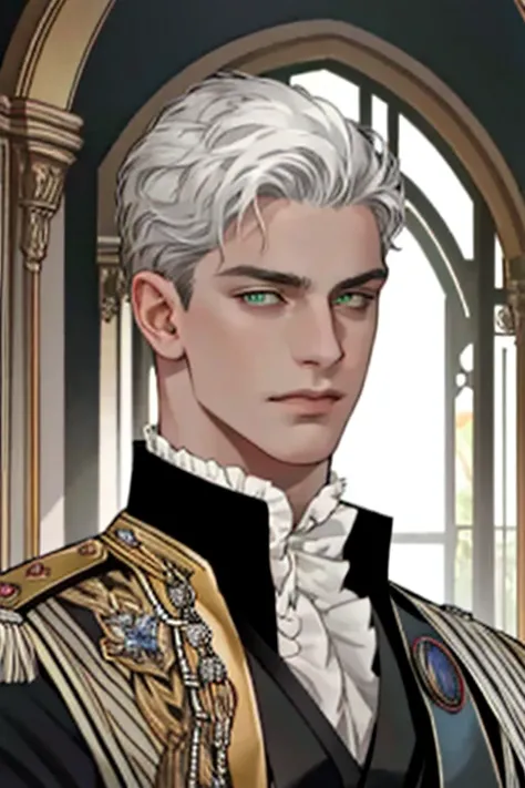  masterpiece ,  best quality , Experience in the style of stained glass ,  upper body,  green eyes eyes,  Portrait of a handsome man with thick white hair,  in a black suit with a deep slit , visible breast, (better light),  pretty face, colorful,  photore...