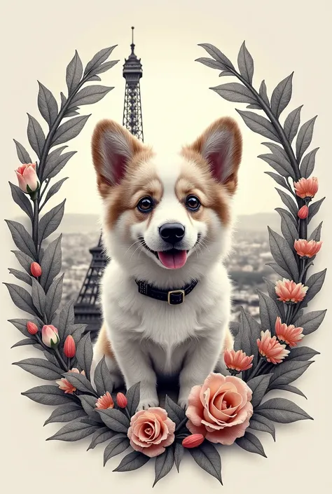 In the background, the beautiful Eiffel, beautiful sky and a radiant sun illuminating the environment, Photography from different angles, corgi looking in different directions, dynamic photography, Foto de perto Poodle tosado, brincando com rosas dentro da...