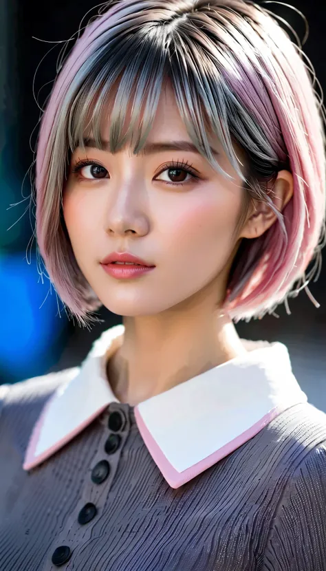 whole body、よりGenuine、Genuine、live-actionの.8k, real、live-action,{{{masterpiece}}}, {{{ top quality}}}, {{ ultra detail }}, {beautiful detailed eye}, 1 girl, Alone, ((Gray Hair)),(bangs), angle from above、 pink inner color hair、 looks up, girl ,Midea,eye、 ...