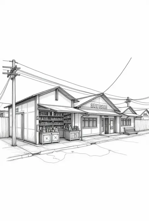 sketch an house with sari sari store with no colors only drawing