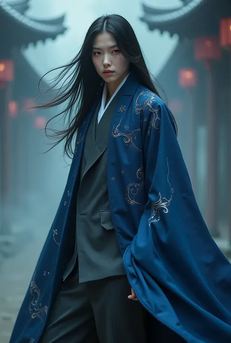  red eyes, long black hair, Grey suit, Blue scroll hanbok