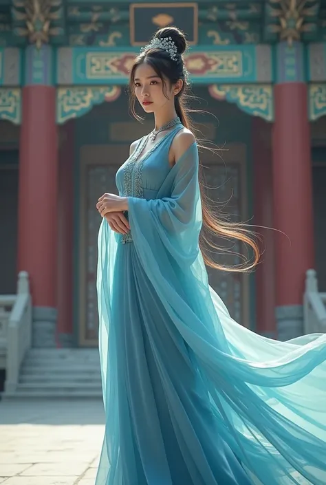 Woman in blue ancient Chinese dress and beautifully unraveled hair stands in front of the imperial palace.