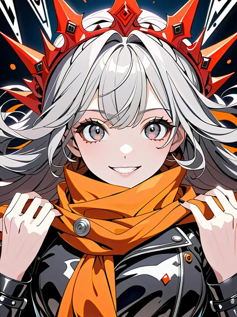 (masterpiece, ultra detailed, top quality), (cel shading anime), solo girl, mid teens, evil grin, (shiny skin, beautiful fingers, pretty face, big gray eyes, short red aphtha hair:1.4), (crown, orange scarf, leather jacket), fantasy town.