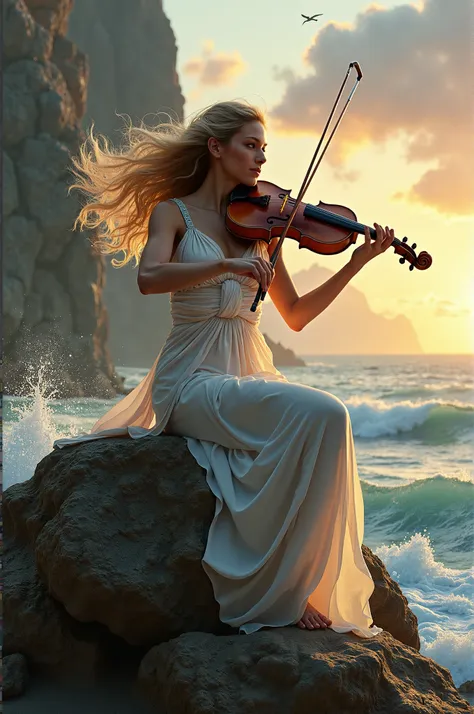 Aphrodite plays violant on a rock near the sea 