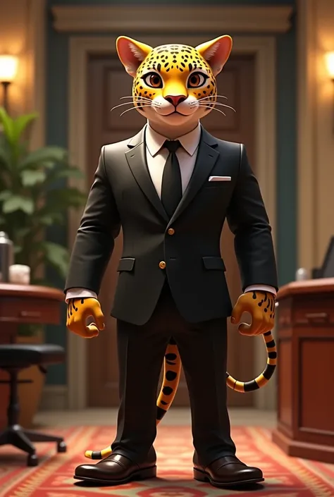 An animated jaguar in a suit 