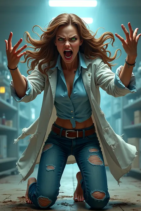 Dynamic 3D comic style art image of a scientific beast and very muscular , Dr..  Jennifer Marie Evans ,  with long brown hair flowing wildly , Illuminated yellow eyes,  fair skin and black nails . She wears a lab coat torn on her forearms and shoulders , a...