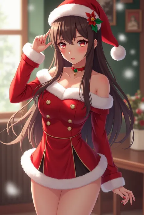 Japanese woman wearing Santa cosplay brown hair long miniskirt