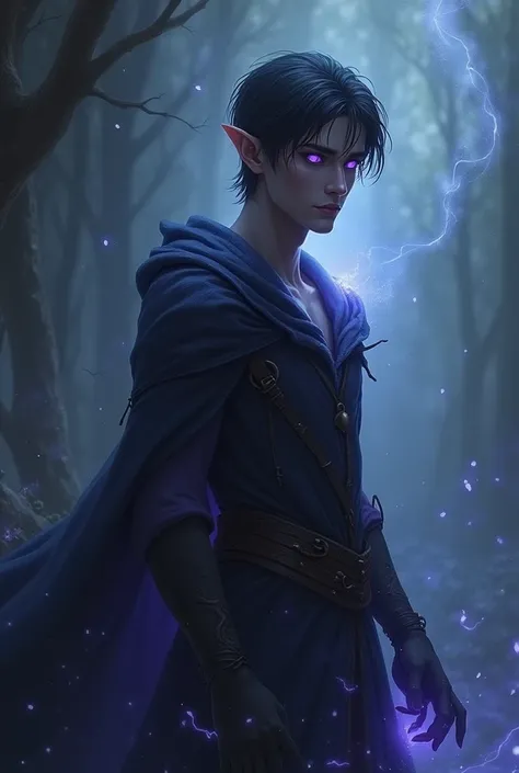  Beautiful elf man with black short hair blue - purple eyes . With dark aura 