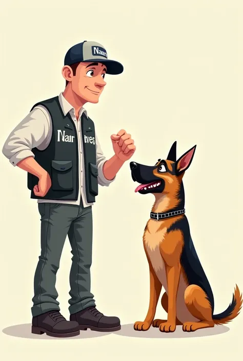 Cartoon of Bald Dog Trainer ,  but wearing a cap and vest with a sign that says nandog,  vest with his German shepherd dog performing basic obedience