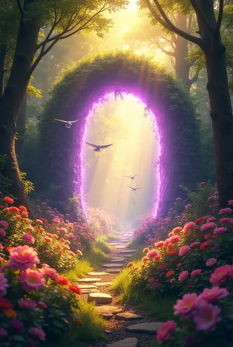 Portal with violet and golden light opening into a forest full of flowers and sunlight illuminating and birds flying