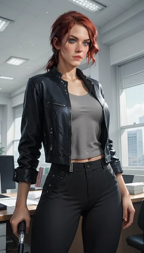 Score_9, score_8_up, score_7_up, source_real, realistic, photorealistic, 1girl, (Courtney Hope), (Jesse Faden) from "CONTROL", bright blue eyes, red hair, in low loose ponytail, fitted 3/4 cropped black jacket, tight grey shirt, erect nipples, skin-tight b...