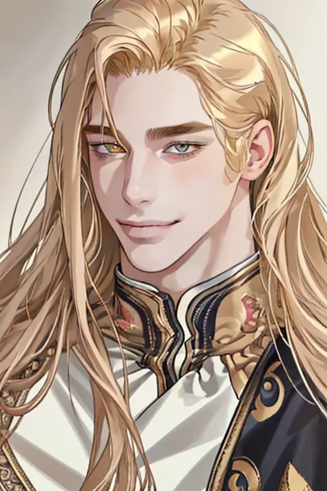  masterpiece ,  best quality , realistic, 1 man,  Mature man, tall muscular, beautiful, to smile,  with your mouth shut, portrait,  extremely detailed face , ( long hair), ( golden hair), (heterochromia in the eyes)